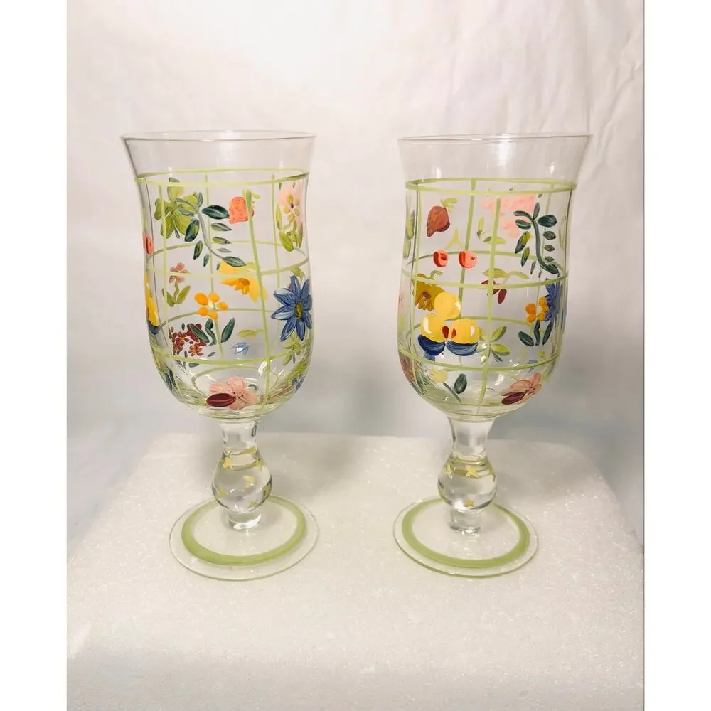 Tracy Porter Vintage Set of 2 Handpainted Floral Stemmed Wine/ Water Glasses